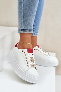 Boto Buty Sportowe Na Platformie|Sneakersy Damskie*Eko Skórzane Sneakersy Z Przypinkami Biało-Czerwone Enalirae