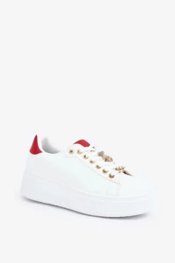 Boto Buty Sportowe Na Platformie|Sneakersy Damskie*Eko Skórzane Sneakersy Z Przypinkami Biało-Czerwone Enalirae