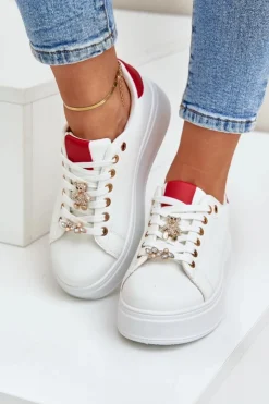 Boto Buty Sportowe Na Platformie|Sneakersy Damskie*Eko Skórzane Sneakersy Z Przypinkami Biało-Czerwone Enalirae