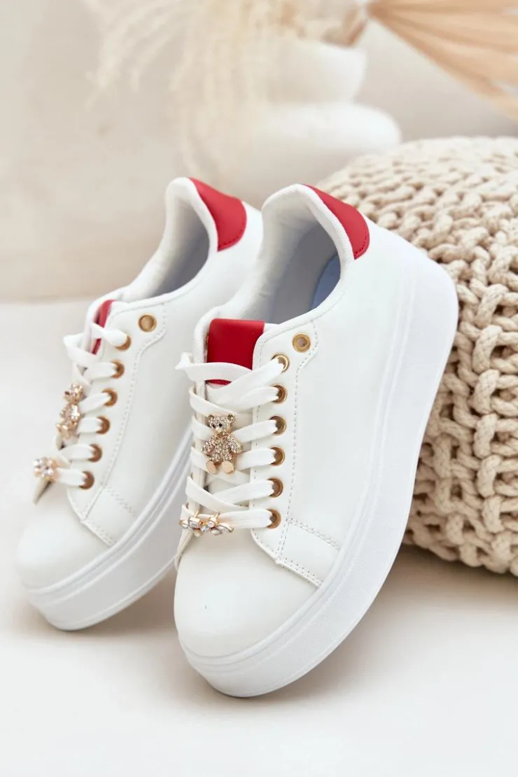 Boto Buty Sportowe Na Platformie|Sneakersy Damskie*Eko Skórzane Sneakersy Z Przypinkami Biało-Czerwone Enalirae