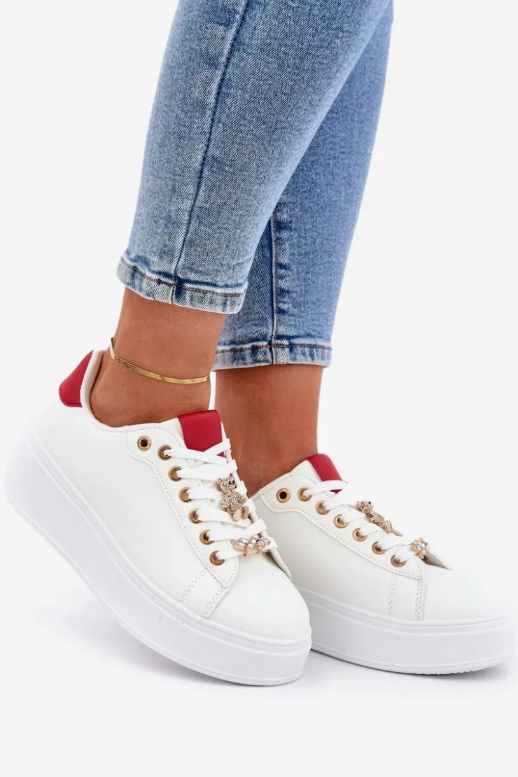 Boto Buty Sportowe Na Platformie|Sneakersy Damskie*Eko Skórzane Sneakersy Z Przypinkami Biało-Czerwone Enalirae
