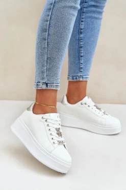 Sale Boto Eko Skórzane Sneakersy Z Przypinkami Biało-Srebrne Enalirae