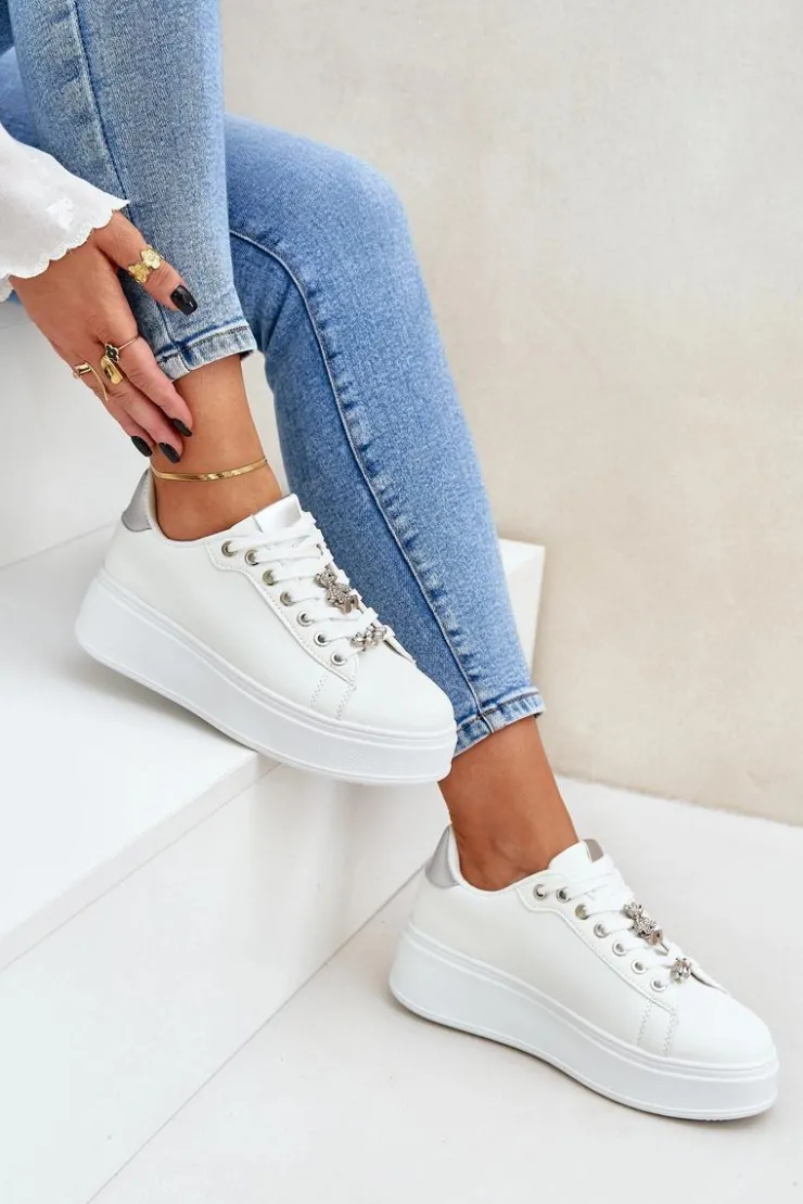 Sale Boto Eko Skórzane Sneakersy Z Przypinkami Biało-Srebrne Enalirae