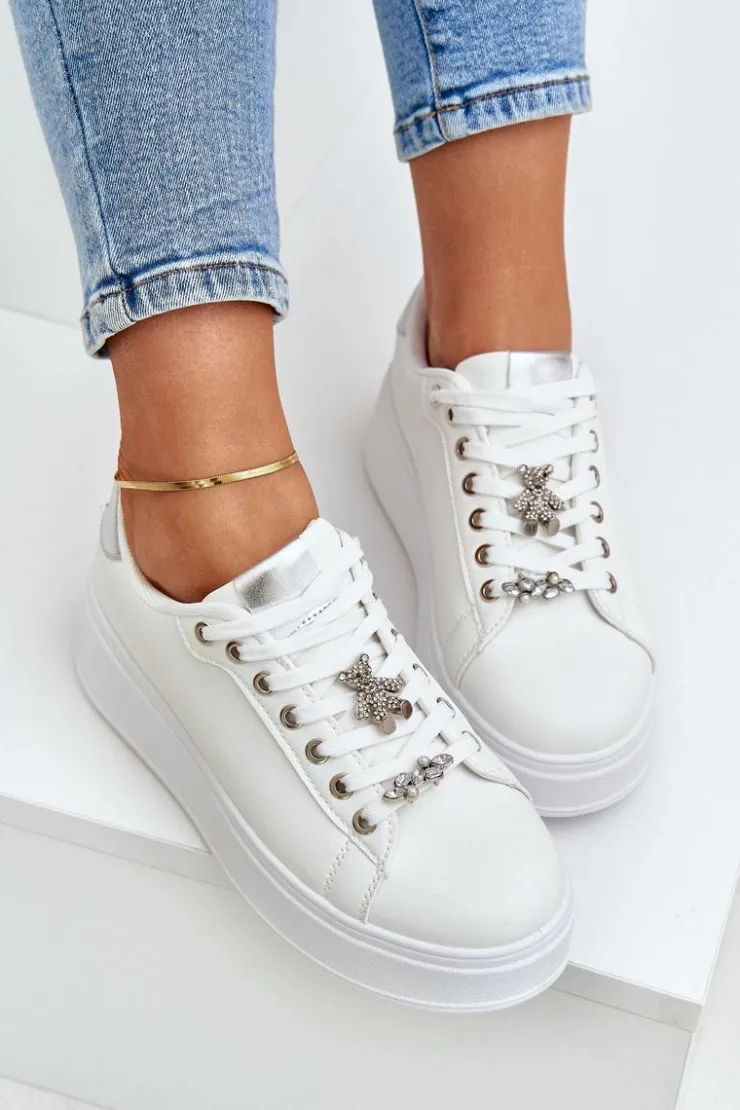 Sale Boto Eko Skórzane Sneakersy Z Przypinkami Biało-Srebrne Enalirae