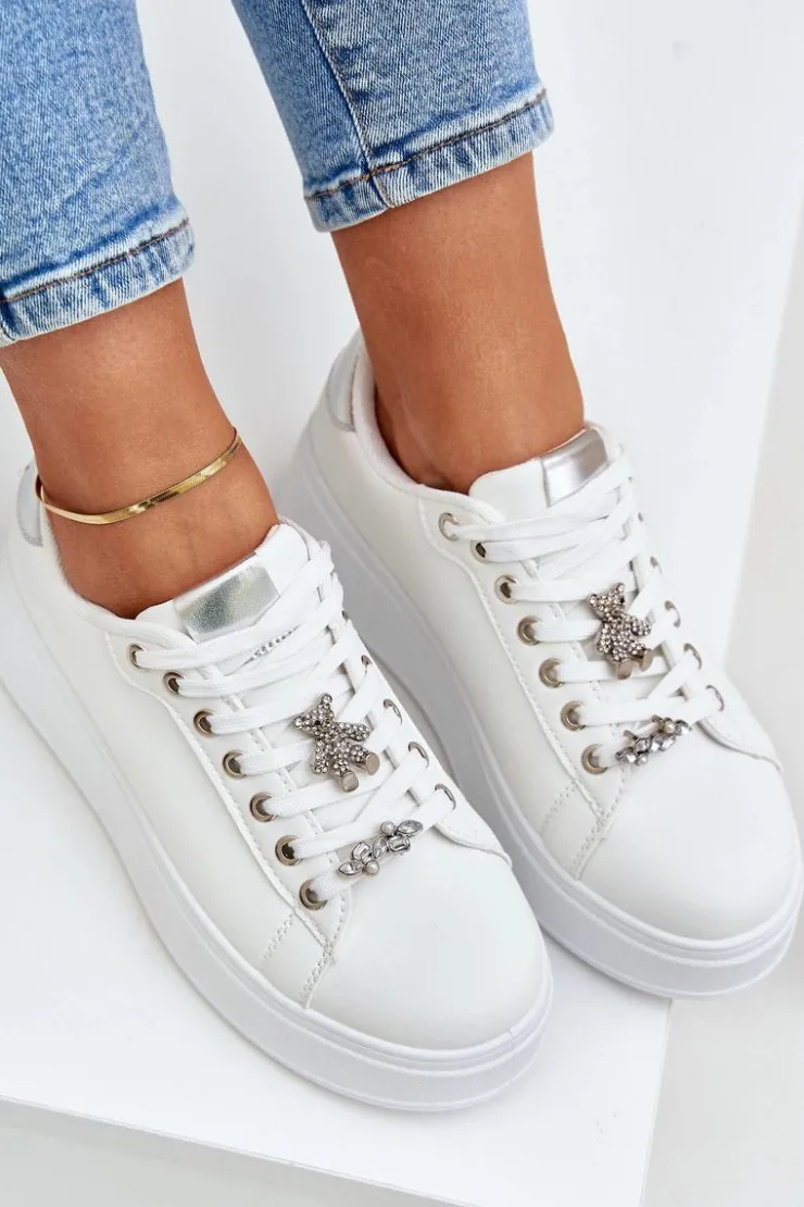 Sale Boto Eko Skórzane Sneakersy Z Przypinkami Biało-Srebrne Enalirae