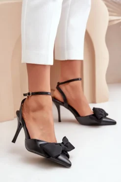 Damskie Boto Eko Skórzane Szpilki Z Kokardą Czarne Volamia