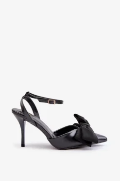 Damskie Boto Eko Skórzane Szpilki Z Kokardą Czarne Volamia