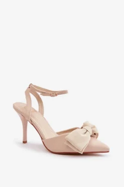 Damskie Boto Eko Skórzane Szpilki Z Kokardą Beżowe Volamia