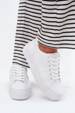 Sale Big Star Shoes Eko Skórzane Trampki Damskie Na Platformie Big Star RR274298 Białe