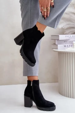 Outlet Boto Eko Zamszowe Botki Na Słupku Czarne Cediona