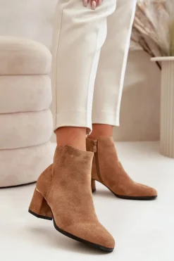 Damskie Boto Eko Zamszowe Botki Na Słupku Zapinane Na Zamek Camel Sairis