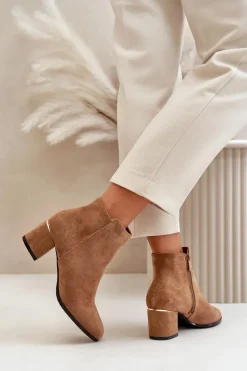 Damskie Boto Eko Zamszowe Botki Na Słupku Zapinane Na Zamek Camel Sairis