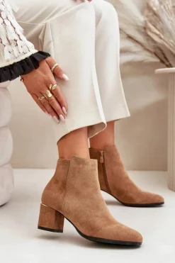 Damskie Boto Eko Zamszowe Botki Na Słupku Zapinane Na Zamek Camel Sairis