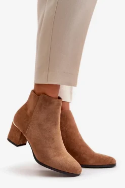 Damskie Boto Eko Zamszowe Botki Na Słupku Zapinane Na Zamek Camel Sairis