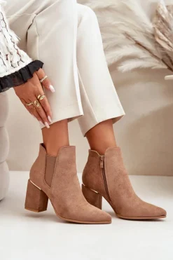 Boto Brązowe I Beżowe Botki|Botki Na Obcasie*Eko Zamszowe Botki Na Słupku Ocieplane Brązowe Daivine