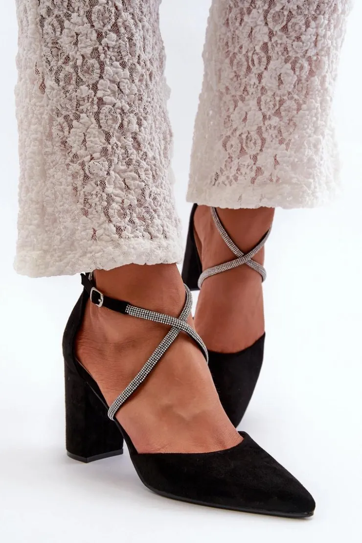 Boto Czółenka Zamszowe|Czółenka Na Słupku*Eko Zamszowe Czółenka Na Słupku Z Cyrkoniami Czarne Lagra