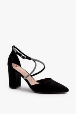 Boto Czółenka Zamszowe|Czółenka Na Słupku*Eko Zamszowe Czółenka Na Słupku Z Cyrkoniami Czarne Lagra