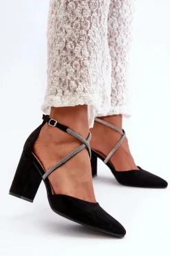 Boto Czółenka Zamszowe|Czółenka Na Słupku*Eko Zamszowe Czółenka Na Słupku Z Cyrkoniami Czarne Lagra