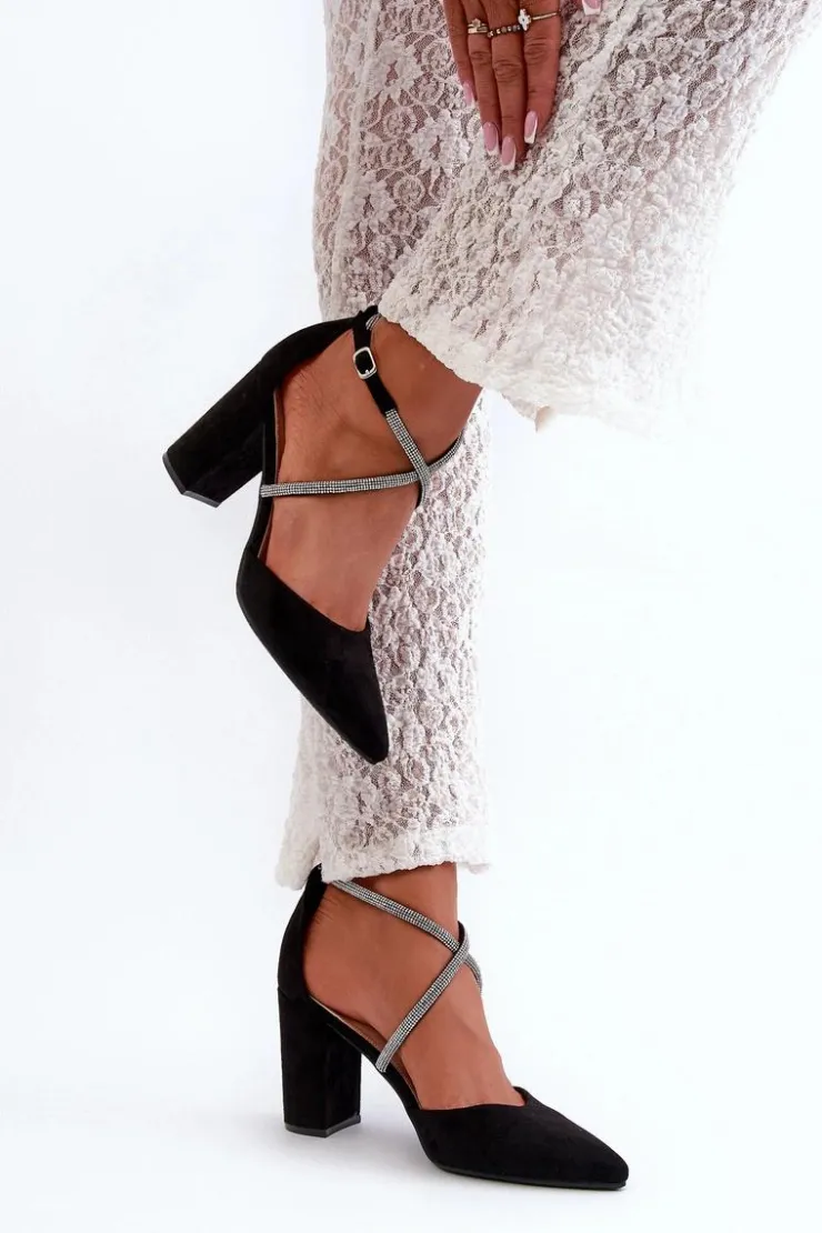 Boto Czółenka Zamszowe|Czółenka Na Słupku*Eko Zamszowe Czółenka Na Słupku Z Cyrkoniami Czarne Lagra