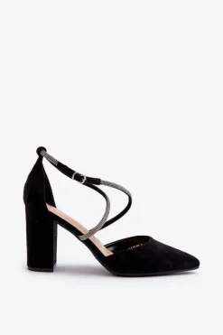 Boto Czółenka Zamszowe|Czółenka Na Słupku*Eko Zamszowe Czółenka Na Słupku Z Cyrkoniami Czarne Lagra