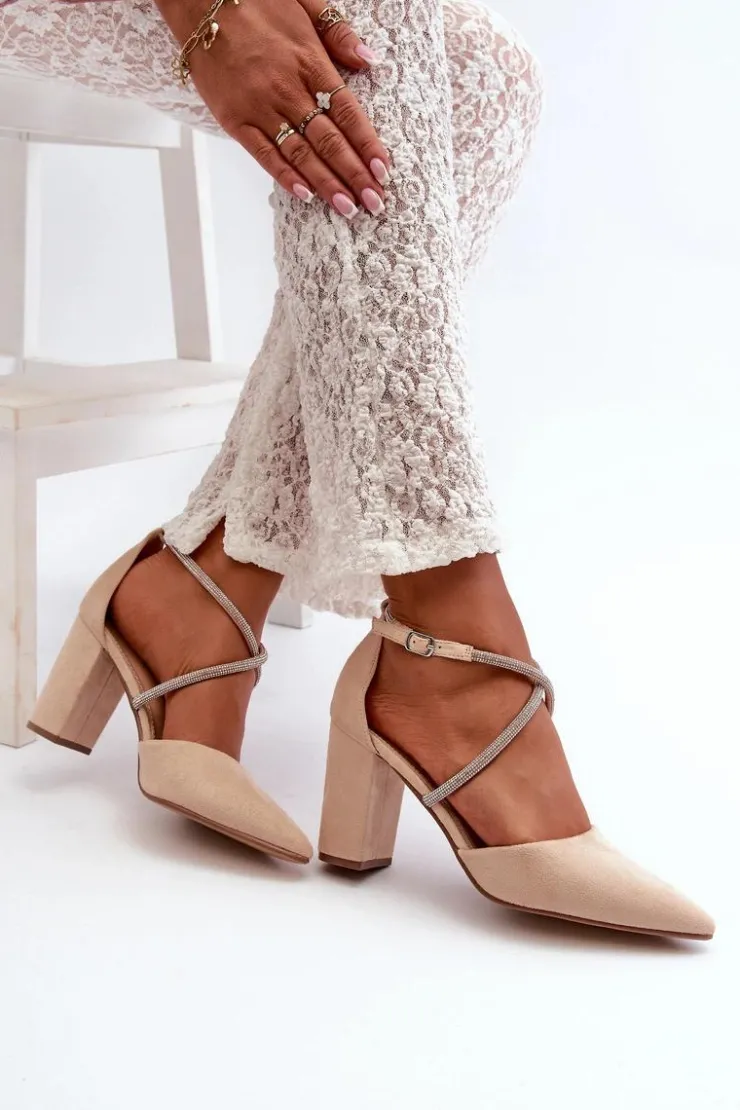 Discount Boto Eko Zamszowe Czółenka Na Słupku Z Cyrkoniami Beżowe Lagra