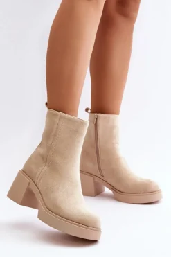 Damskie Boto Eko Zamszowe Damskie Botki Na Słupku Ocieplane Jasnobeżowe Meriluna II-gat