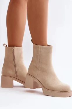 Damskie Boto Eko Zamszowe Damskie Botki Na Słupku Ocieplane Jasnobeżowe Meriluna II-gat