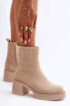 Damskie Boto Eko Zamszowe Damskie Botki Na Słupku Ocieplane Jasnobeżowe Meriluna II-gat