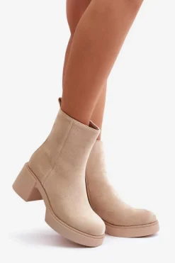 Damskie Boto Eko Zamszowe Damskie Botki Na Słupku Ocieplane Jasnobeżowe Meriluna II-gat