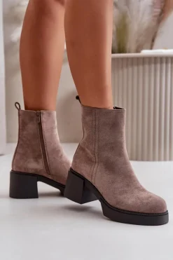 Boto Brązowe I Beżowe Botki|Botki Na Obcasie*Eko Zamszowe Damskie Botki Na Słupku Ocieplane Ciemnobeżowe Meriluna