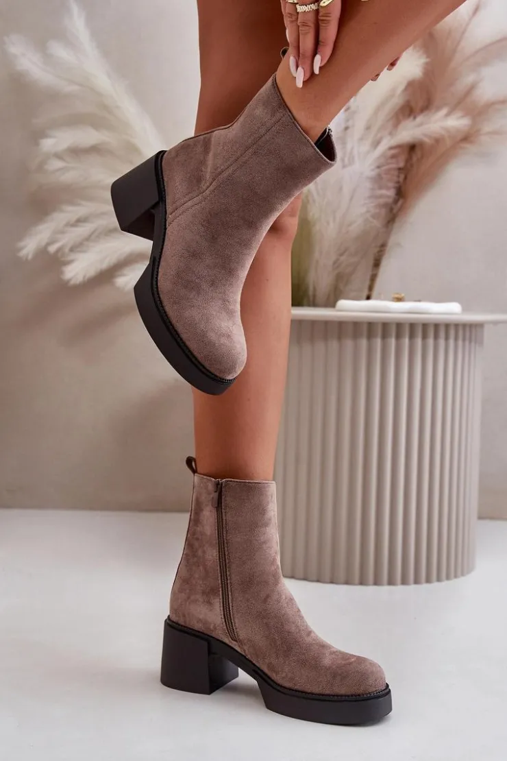 Boto Brązowe I Beżowe Botki|Botki Na Obcasie*Eko Zamszowe Damskie Botki Na Słupku Ocieplane Ciemnobeżowe Meriluna