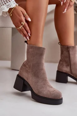 Boto Brązowe I Beżowe Botki|Botki Na Obcasie*Eko Zamszowe Damskie Botki Na Słupku Ocieplane Ciemnobeżowe Meriluna