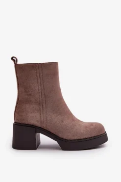 Boto Brązowe I Beżowe Botki|Botki Na Obcasie*Eko Zamszowe Damskie Botki Na Słupku Ocieplane Ciemnobeżowe Meriluna
