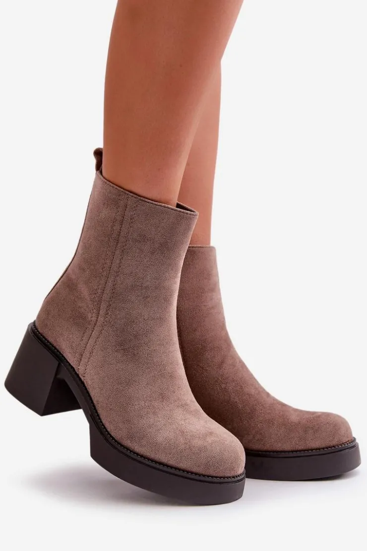 Boto Brązowe I Beżowe Botki|Botki Na Obcasie*Eko Zamszowe Damskie Botki Na Słupku Ocieplane Ciemnobeżowe Meriluna