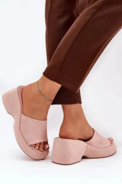 Boto Klapki Na Koturnie|Klapki Na Platformie*Eko Zamszowe Klapki Damskie Na Platformie I Koturnie Różowe Afisal Różowy