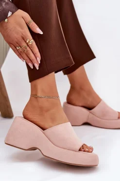 Boto Klapki Na Koturnie|Klapki Na Platformie*Eko Zamszowe Klapki Damskie Na Platformie I Koturnie Różowe Afisal Różowy