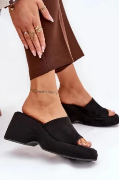 Damskie Boto Eko Zamszowe Klapki Damskie Na Platformie I Koturnie Czarne Afisal