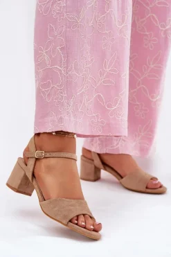 Evento Sandały Na Obcasie*Eko Zamszowe Klasyczne Sandały Damskie Na Obcasie Beżowe Zarnella