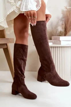 Damskie Boto Eko Zamszowe Kozaki Damskie Przed Kolano Na Zamek Brązowe Elitara