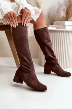 Damskie Boto Eko Zamszowe Kozaki Damskie Przed Kolano Na Zamek Brązowe Elitara