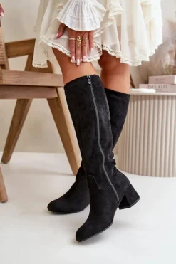 Boto Kozaki Przed Kolano|Kozaki Na Obcasie*Eko Zamszowe Kozaki Damskie Przed Kolano Na Zamek Czarne Elitara