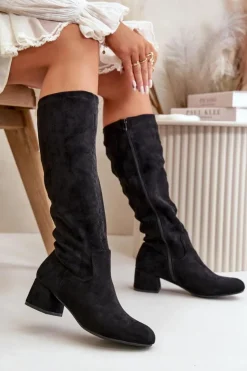 Boto Kozaki Przed Kolano|Kozaki Na Obcasie*Eko Zamszowe Kozaki Damskie Przed Kolano Na Zamek Czarne Elitara