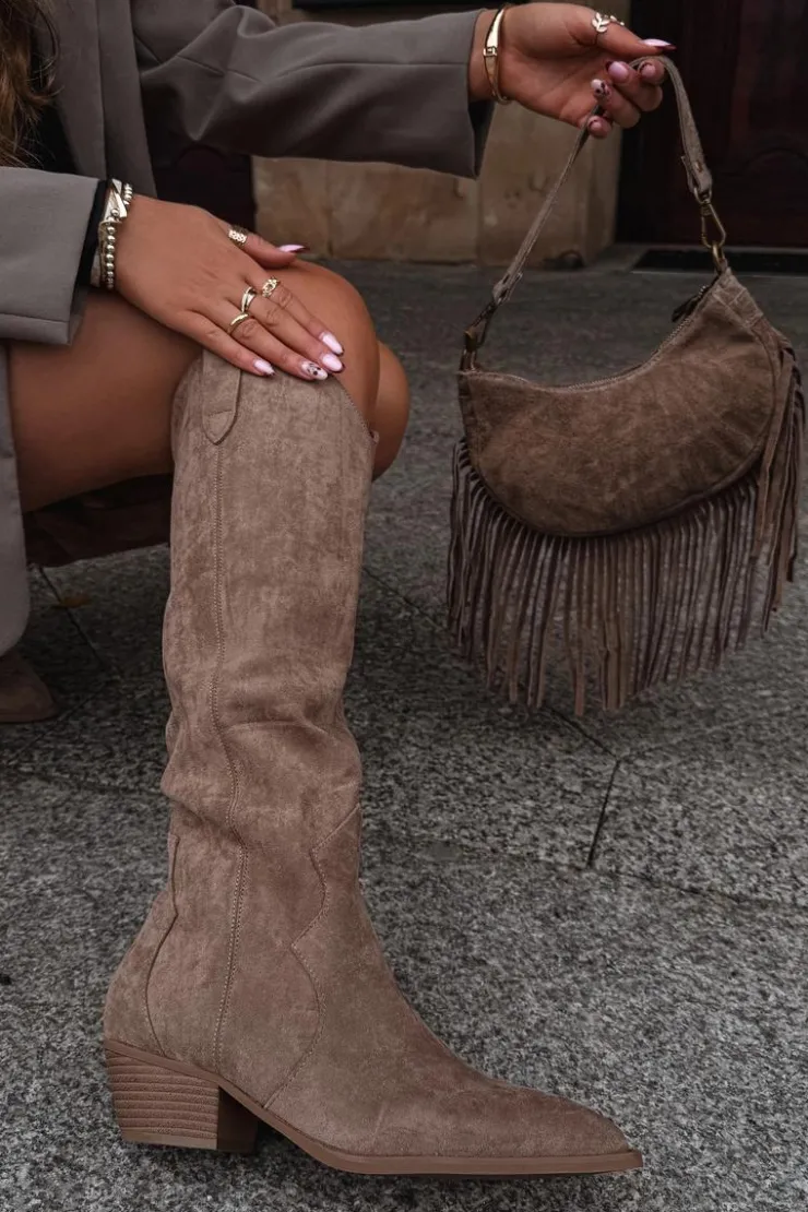 Boto Kozaki Na Słupku|Kozaki Przed Kolano*Eko Zamszowe Kozaki Kowbojki Damskie Na Obcasie Beżowe Jenaya Beżowy