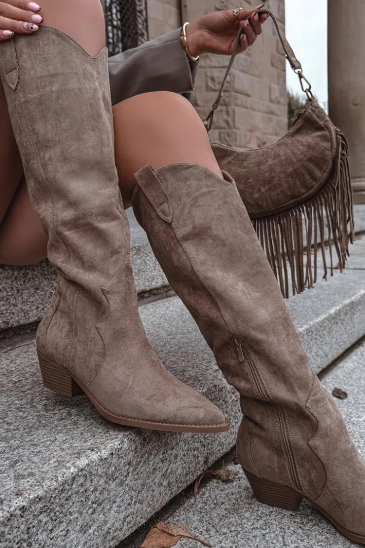 Boto Kozaki Na Słupku|Kozaki Przed Kolano*Eko Zamszowe Kozaki Kowbojki Damskie Na Obcasie Beżowe Jenaya Beżowy