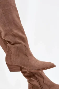 Boto Kozaki Na Słupku|Kozaki Przed Kolano*Eko Zamszowe Kozaki Kowbojki Damskie Na Obcasie Beżowe Jenaya Beżowy