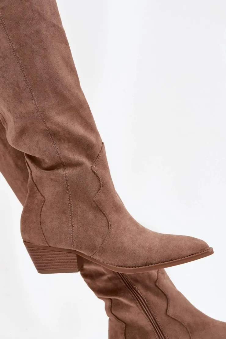 Boto Kozaki Na Słupku|Kozaki Przed Kolano*Eko Zamszowe Kozaki Kowbojki Damskie Na Obcasie Beżowe Jenaya Beżowy