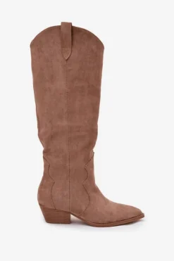 Boto Kozaki Na Słupku|Kozaki Przed Kolano*Eko Zamszowe Kozaki Kowbojki Damskie Na Obcasie Beżowe Jenaya Beżowy