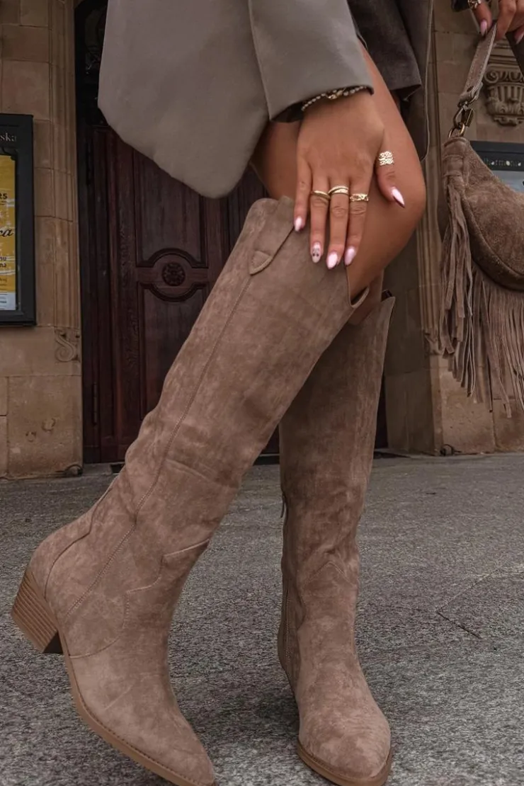 Boto Kozaki Na Słupku|Kozaki Przed Kolano*Eko Zamszowe Kozaki Kowbojki Damskie Na Obcasie Beżowe Jenaya Beżowy