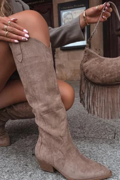 Boto Kozaki Na Słupku|Kozaki Przed Kolano*Eko Zamszowe Kozaki Kowbojki Damskie Na Obcasie Beżowe Jenaya Beżowy