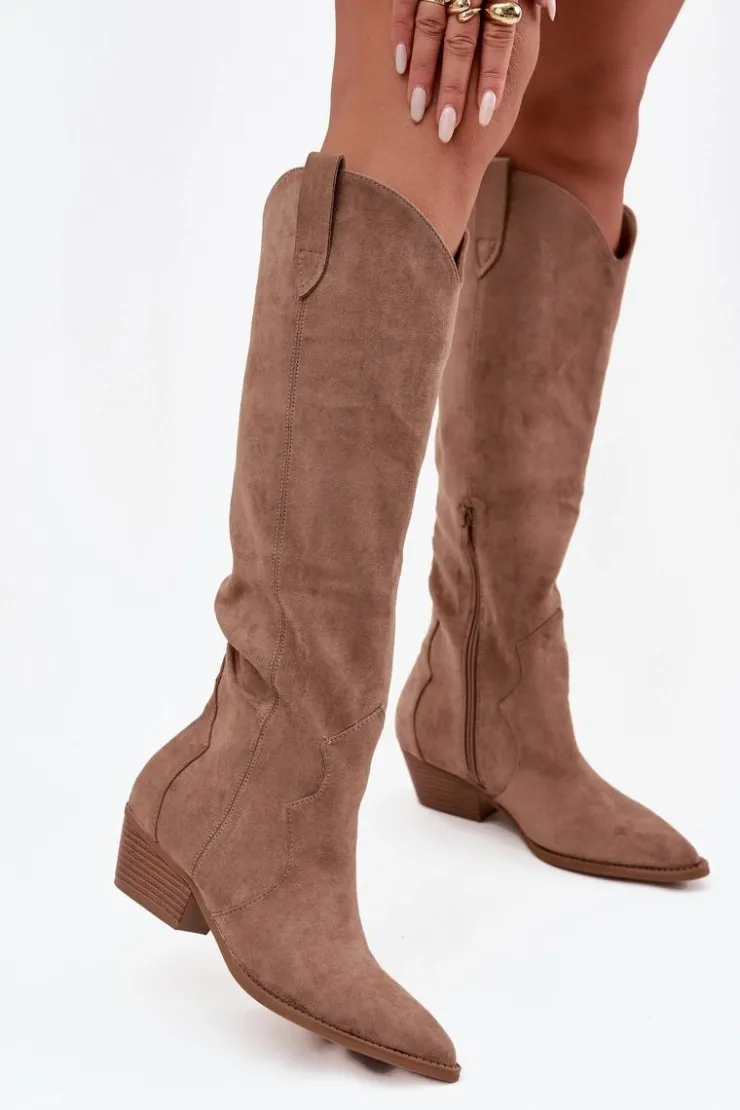 Boto Kozaki Na Słupku|Kozaki Przed Kolano*Eko Zamszowe Kozaki Kowbojki Damskie Na Obcasie Beżowe Jenaya Beżowy